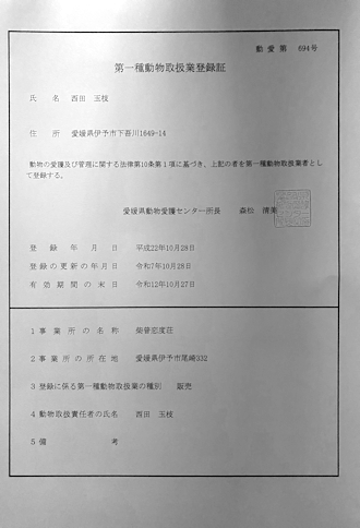 第一種動物取扱業登録証 柴普恋度荘